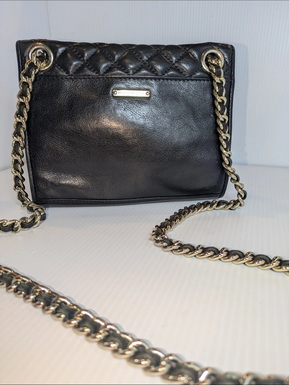 Rebecca Minkoff Black Quilted Leather Chain Crossbody Shoulder Bag Silver Hardwr